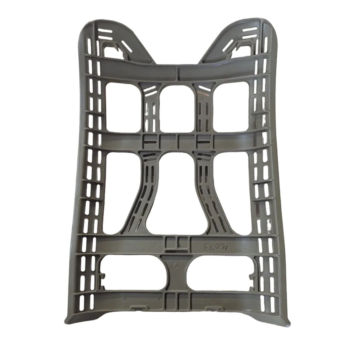 A gray plastic tub rack or organizer insert with a grid-like open structure, photographed on a light wood tabletop.