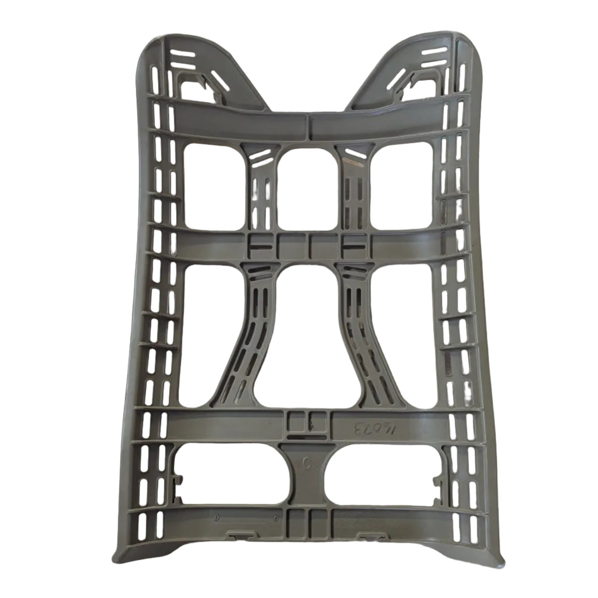 A gray plastic tub rack or organizer insert with a grid-like open structure, photographed on a light wood tabletop.