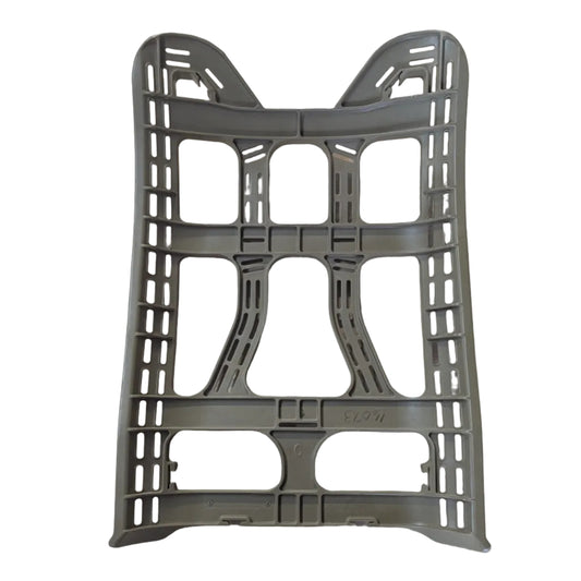 A gray plastic tub rack or organizer insert with a grid-like open structure, photographed on a light wood tabletop.