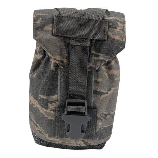 A small tactical utility pouch in a gray and brown digital camouflage pattern, featuring a black plastic buckle and a black webbing strap, set against a plain light gray background.