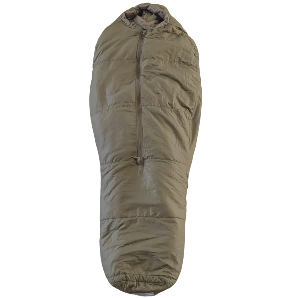 A coyote tan, zippered sleeping bag laid flat on a white background
