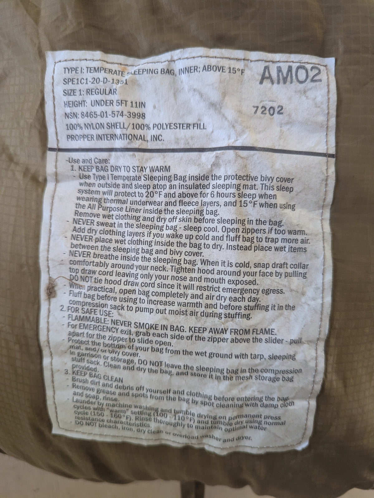 USMC - Temperate Sleeping Bag - Inner - Above 15°F