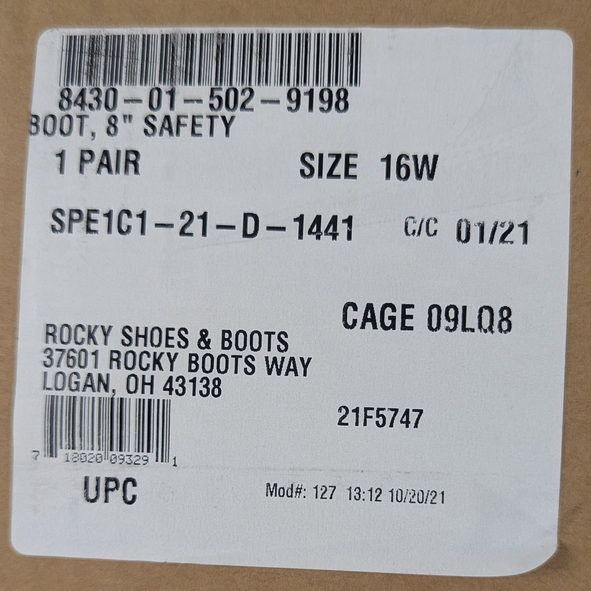 Rocky 812 Men's 8" Leather Safety Boots - Size 16 Wide - New