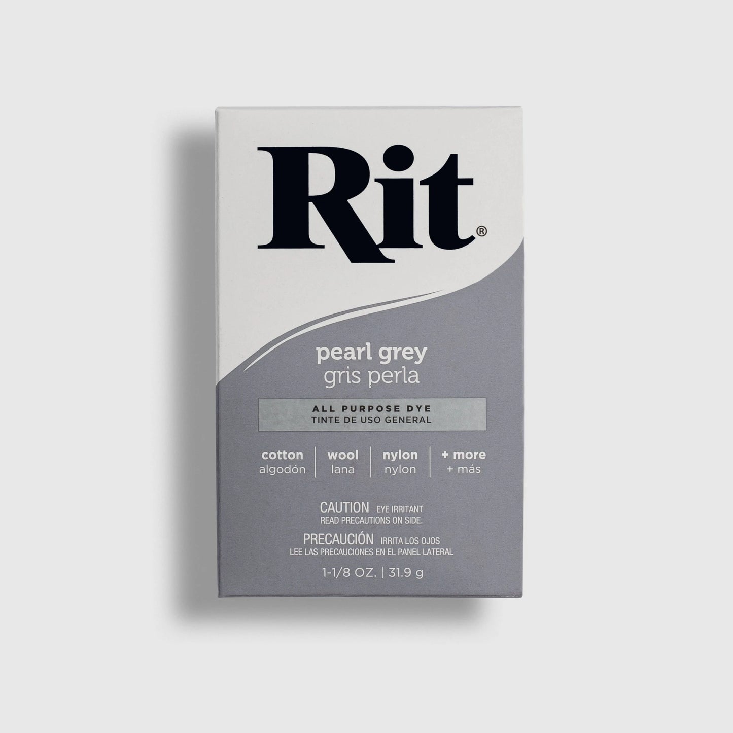 Rit dye packaging for pearl grey color on a light gray background