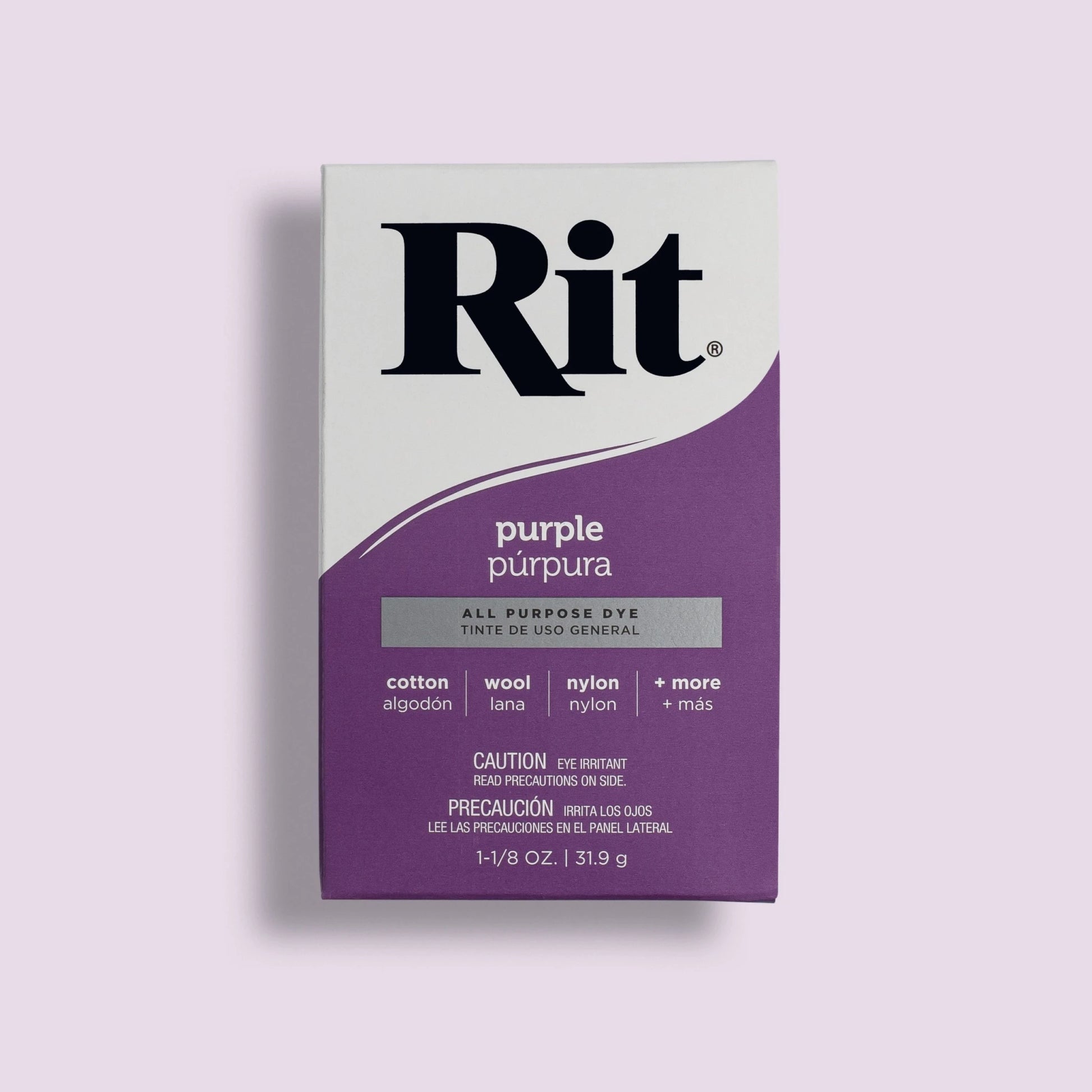 Box of Rit all-purpose dye in purple on a light purple background
