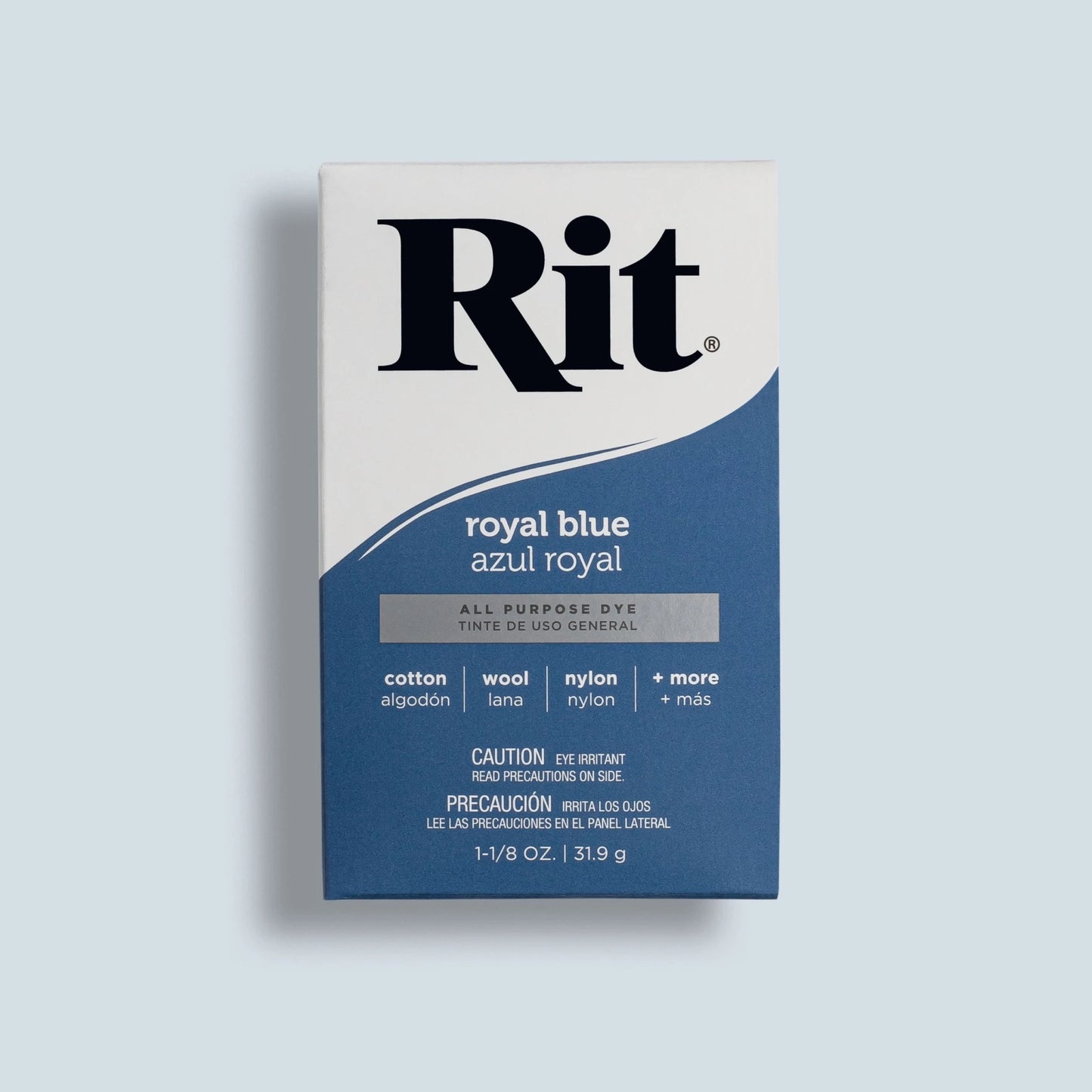 Rit dye packaging in royal blue on a light gray background