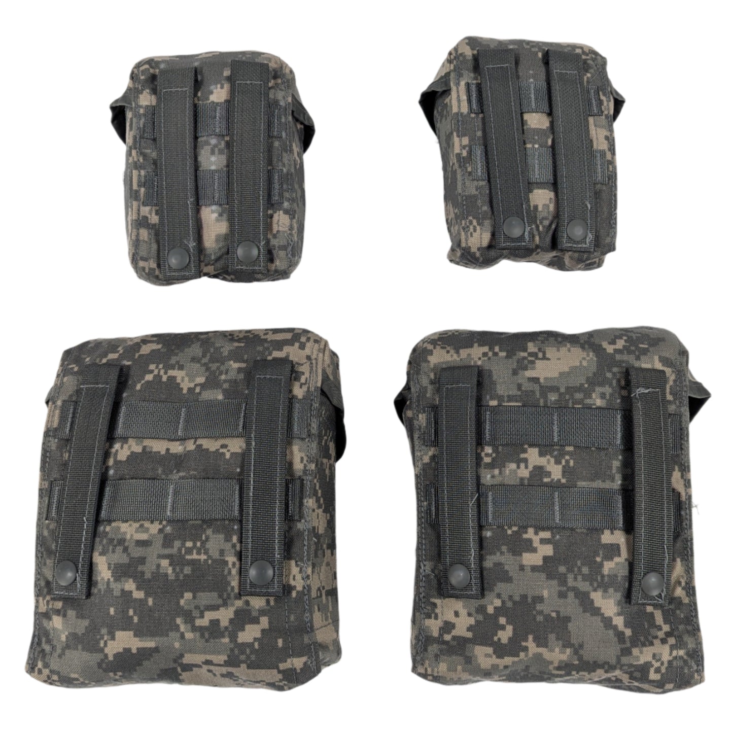 Four camouflage pouches on a white background