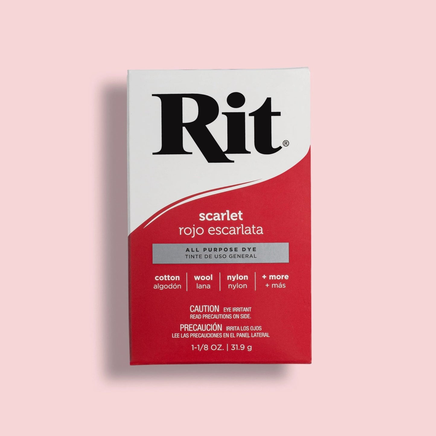 Rit dye box with red and white design on a pink background