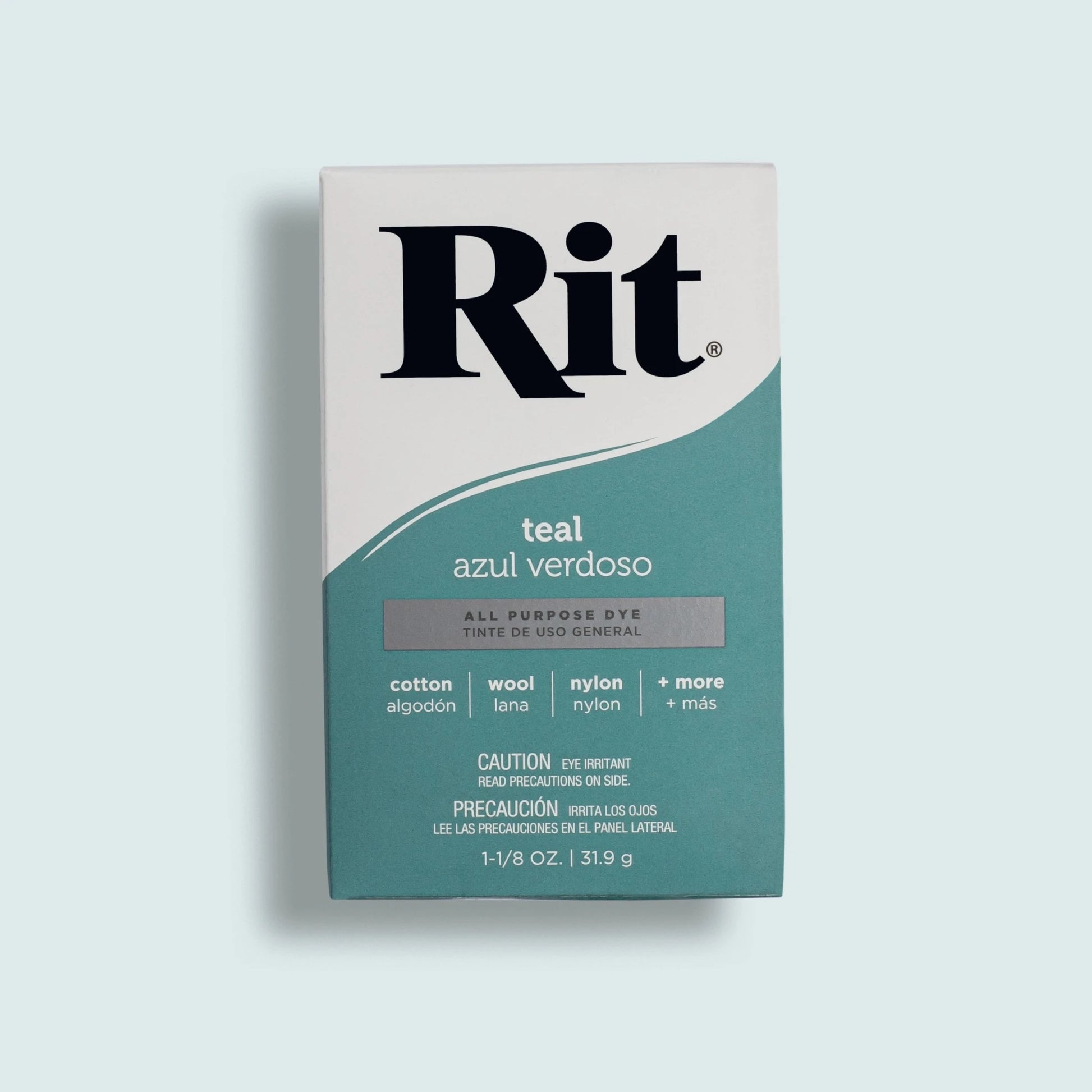 Rit dye box for teal color on a light gray background