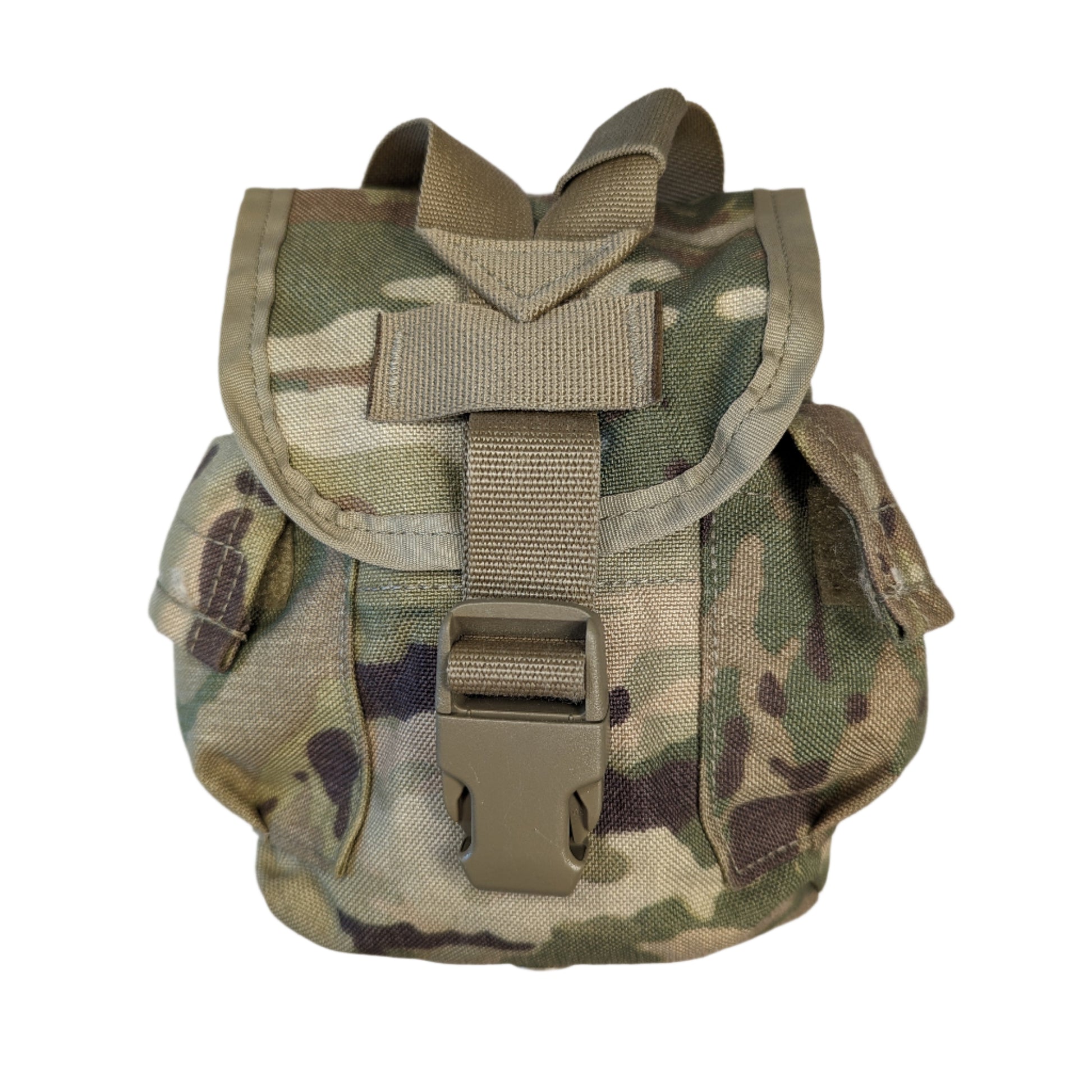 A U.S. military surplus canteen/general purpose pouch in OCP/Multicam camouflage camo with a buckle and additional pouches. 8465-01-641-9310