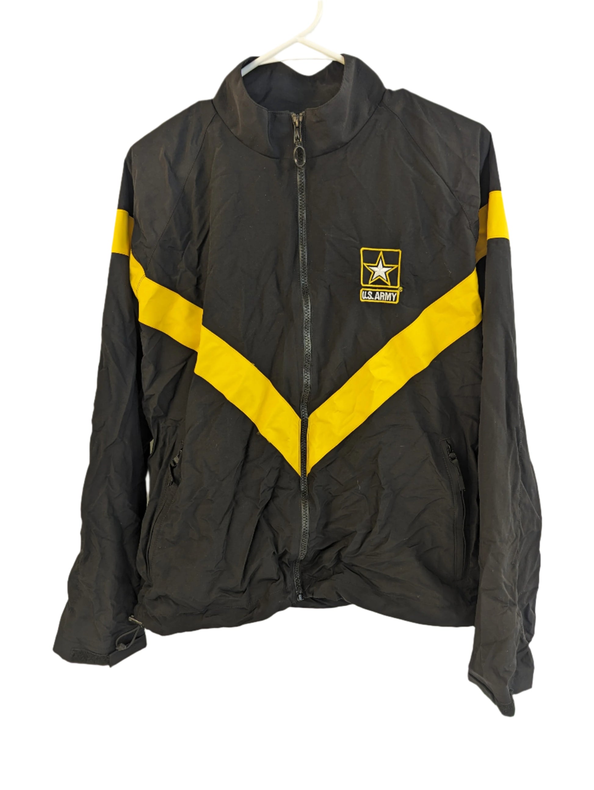 Black and gold Army PT jacket with visible yellow stripes and Army star emblem, displayed against a neutral background.
