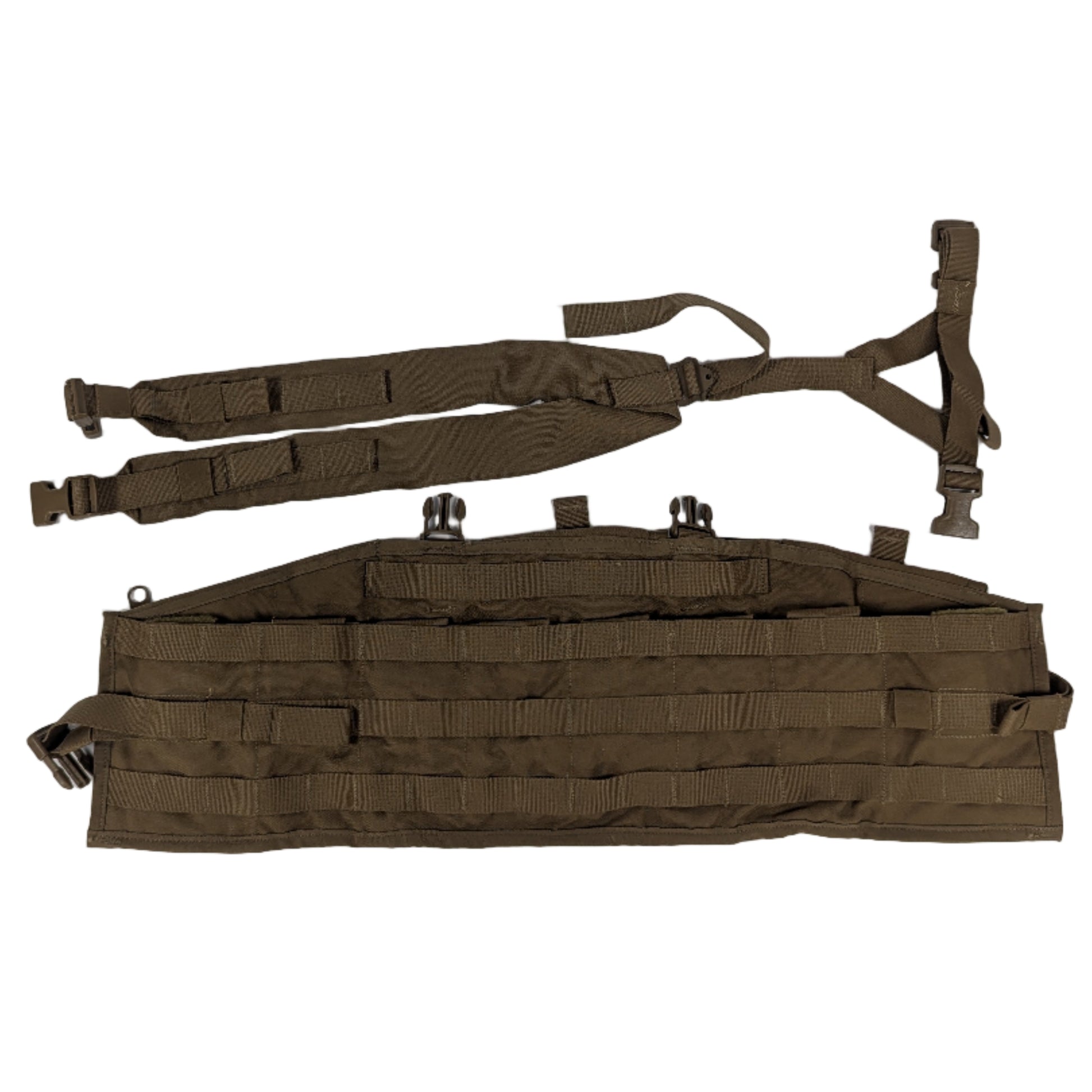 Brown tactical vest and straps on a white background