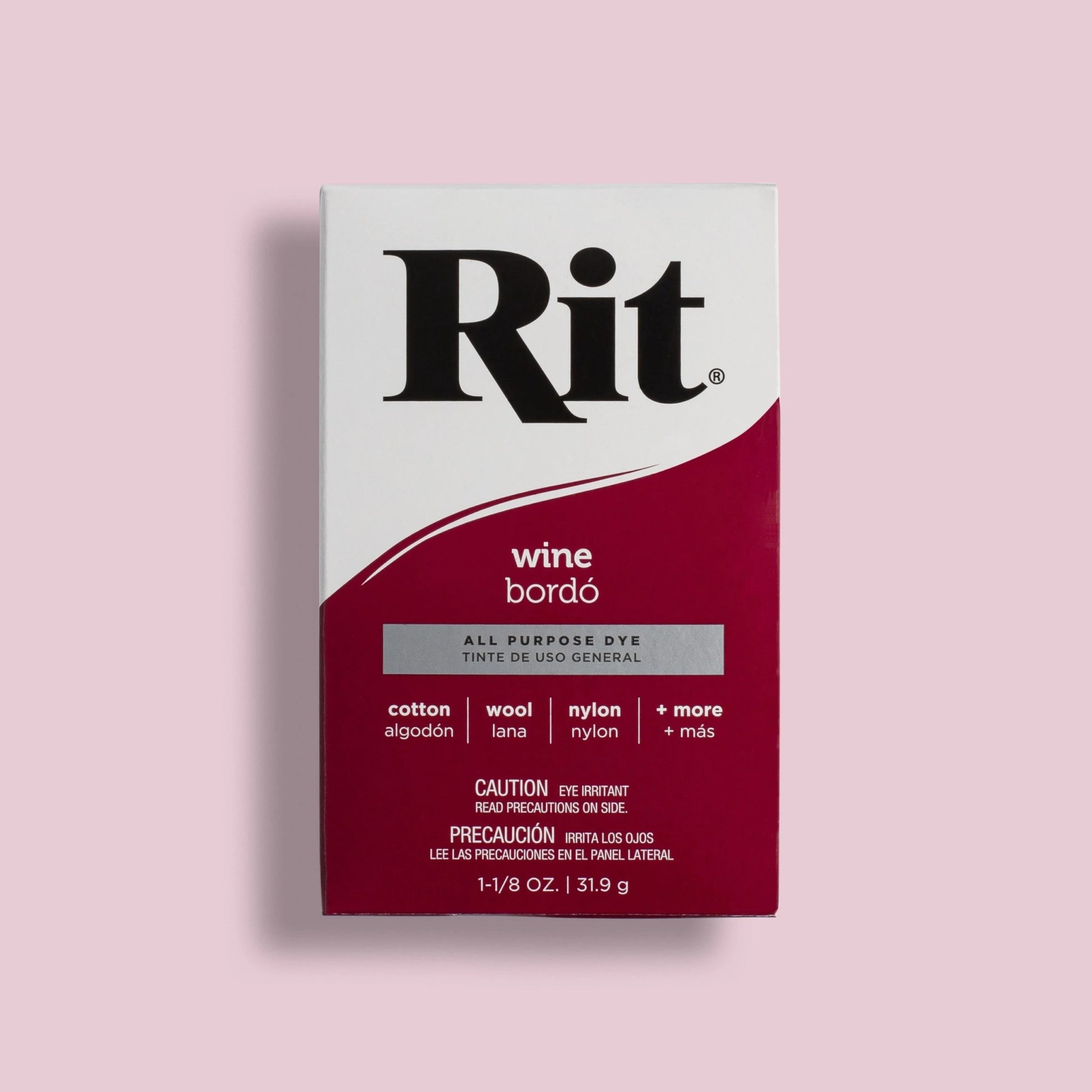 Box of Rit wine bordó dye on a pink background