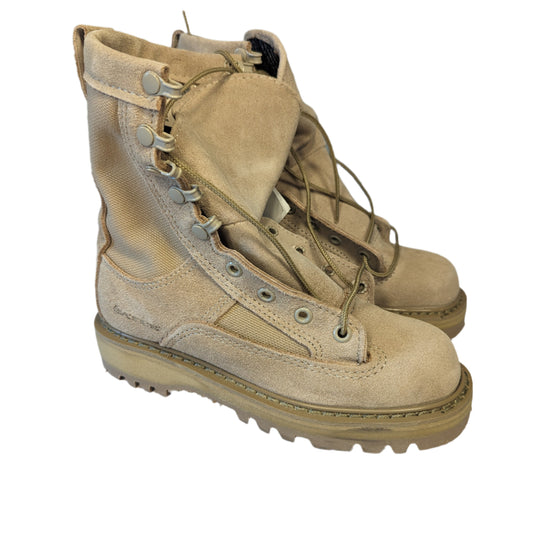 A pair of new tan Bates Cold Weather Combat Boots displayed on a white background, featuring a rough-out leather and nylon upper, speed lacing hooks, and a rugged sole.