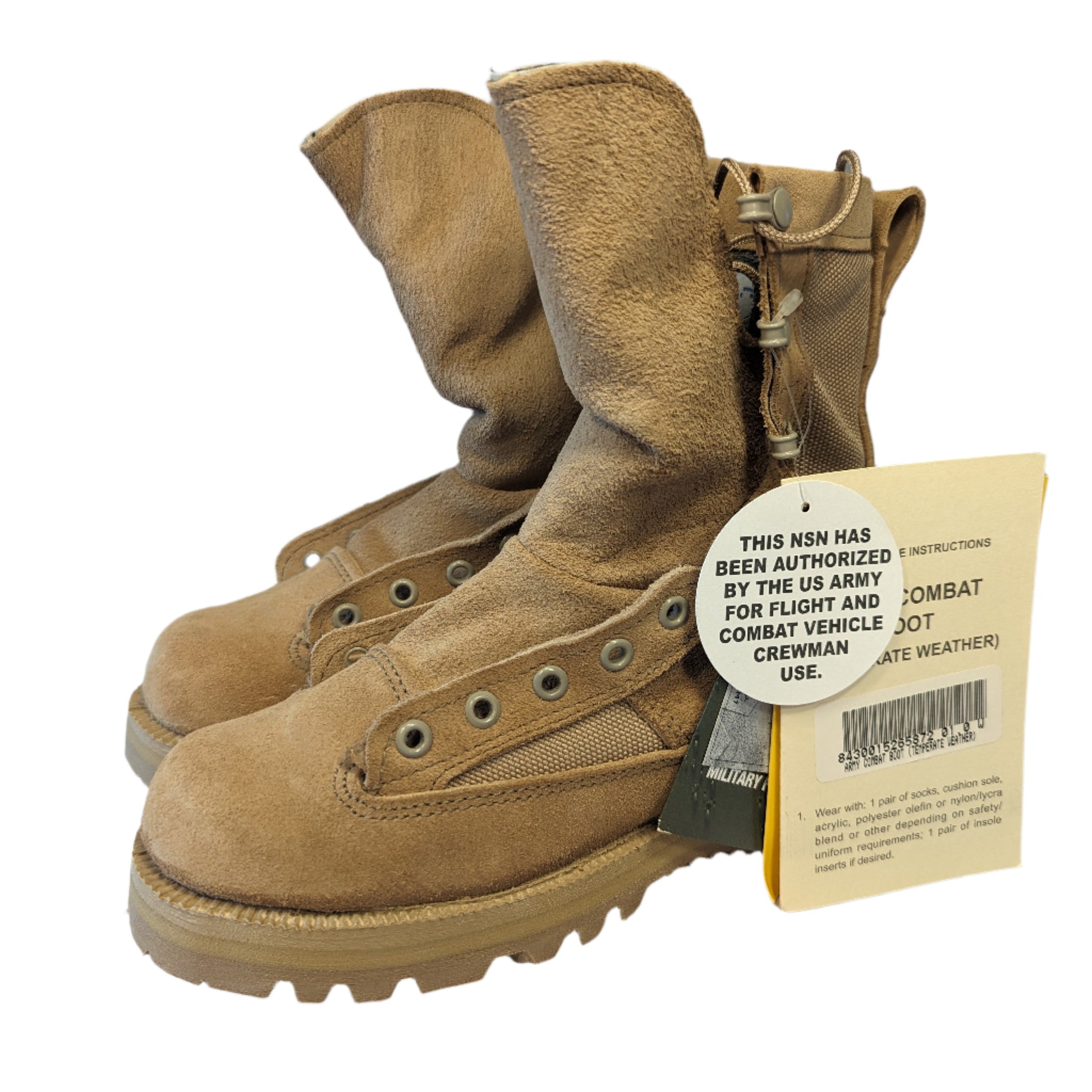 A pair of tan Belleville Cold Weather Combat Boots displayed on a white background, featuring a large hang tag authorizing them for U.S. Army Flight and Combat Vehicle Crewman use.