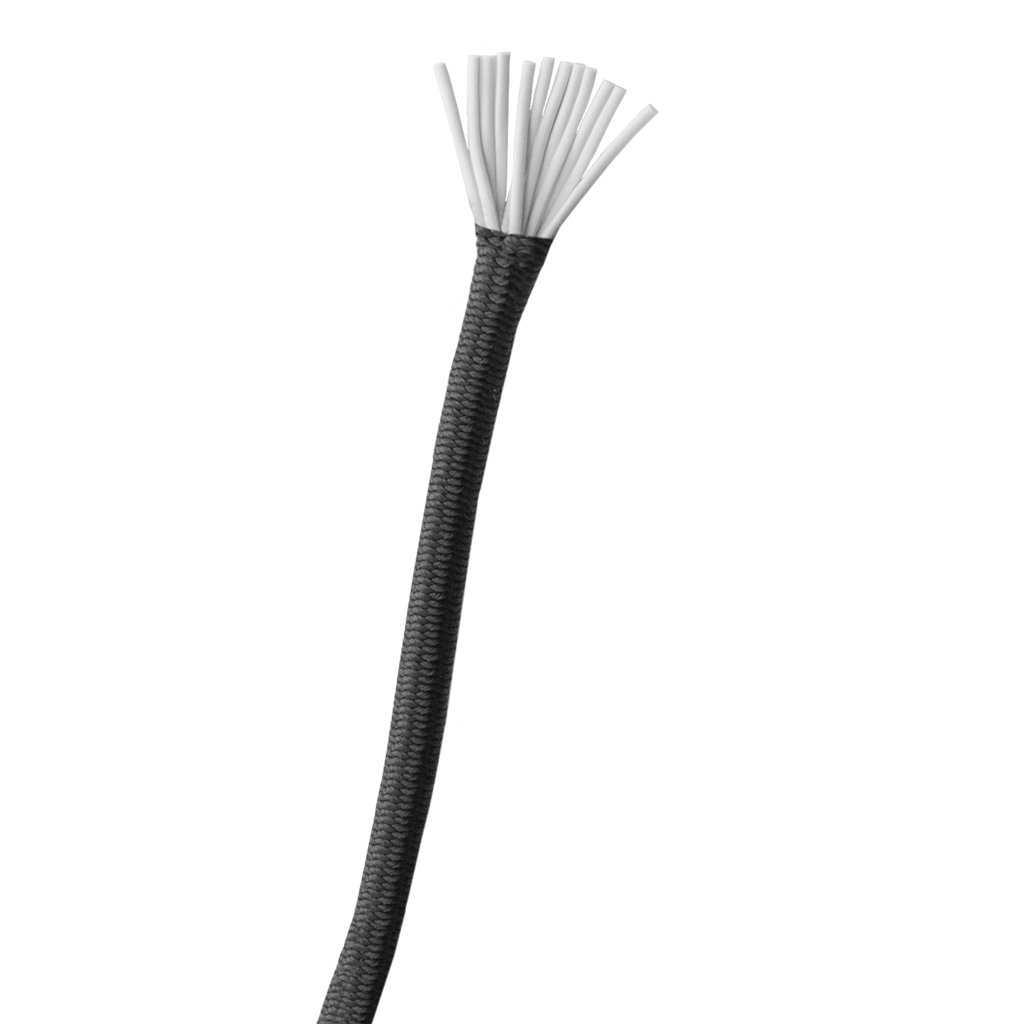 Black braided cable with white ends on a white background