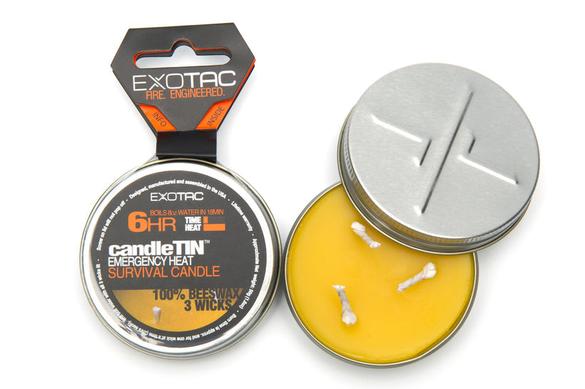 A studio shot showing a closed candleTIN with its packaging hang tag, next to an open tin revealing the three-wick, yellow beeswax candle inside, all on a white background.
