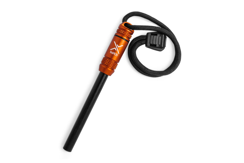 A blaze orange fireROD fire starter lying diagonally on a white background, featuring a matching anodized aluminum handle, a black ferrocerium rod, and a black paracord lanyard.