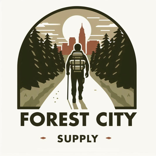 The logo for Forest City Supply, featuring the silhouette of a hiker in front of a stylized mountain range of pine trees and a city skyline.