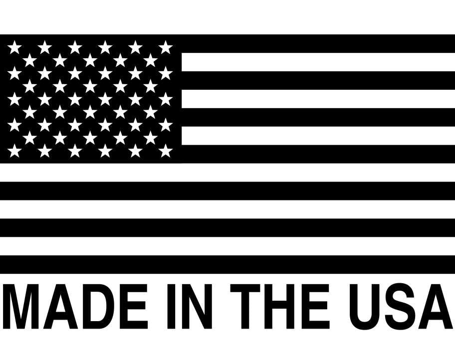 A black and white graphic featuring the American flag's stars and stripes above the bold, capitalized text 'MADE IN THE USA'.