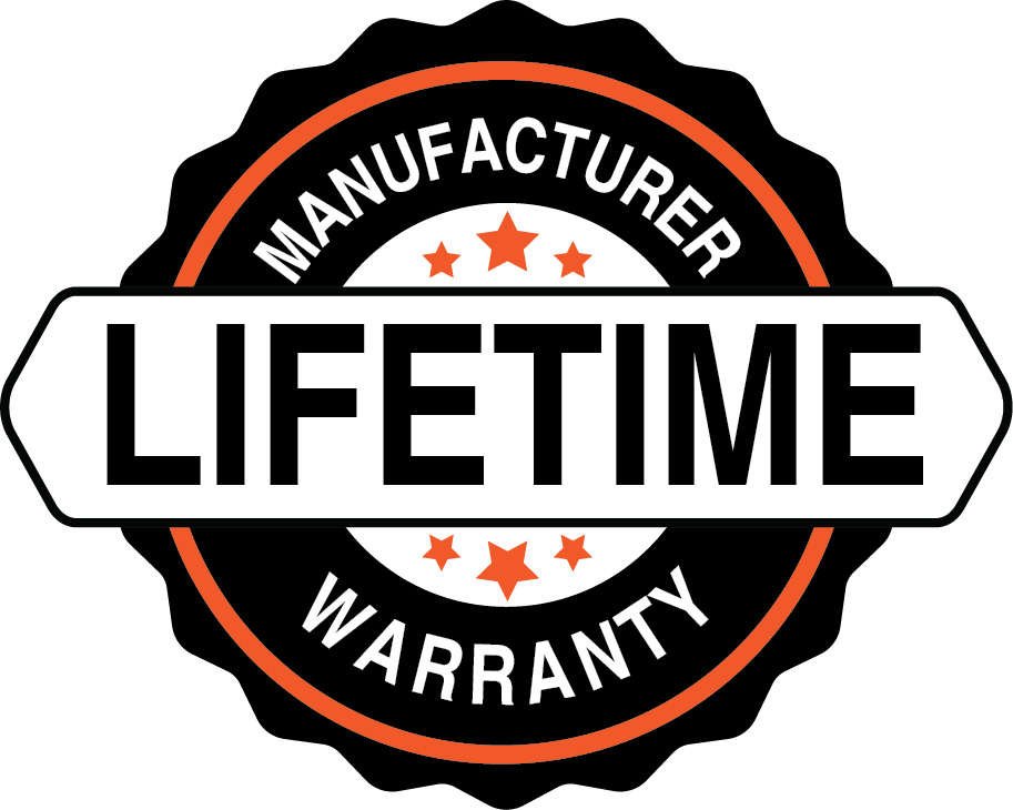 A circular black and orange graphic badge featuring the text 'LIFETIME' in the center, and 'MANUFACTURER WARRANTY' written around the border.