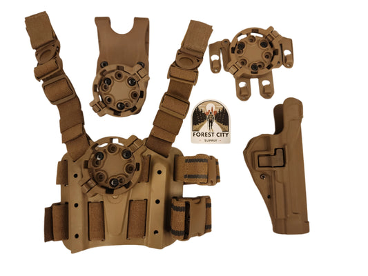 A set of U.S. Military Surplus  tan-colored BlackHawk  430504CT-R pistol holsters including a chest holster, a leg holster, and strike platform, displayed on a white background. 1095-01-533-3009