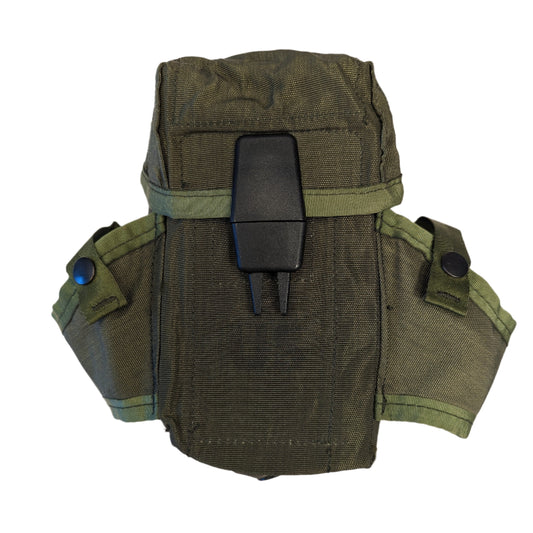 u.s. military surplus Olive green small arms ammo pouch with multiple compartments and a plastic fastener, displayed against a plain background.