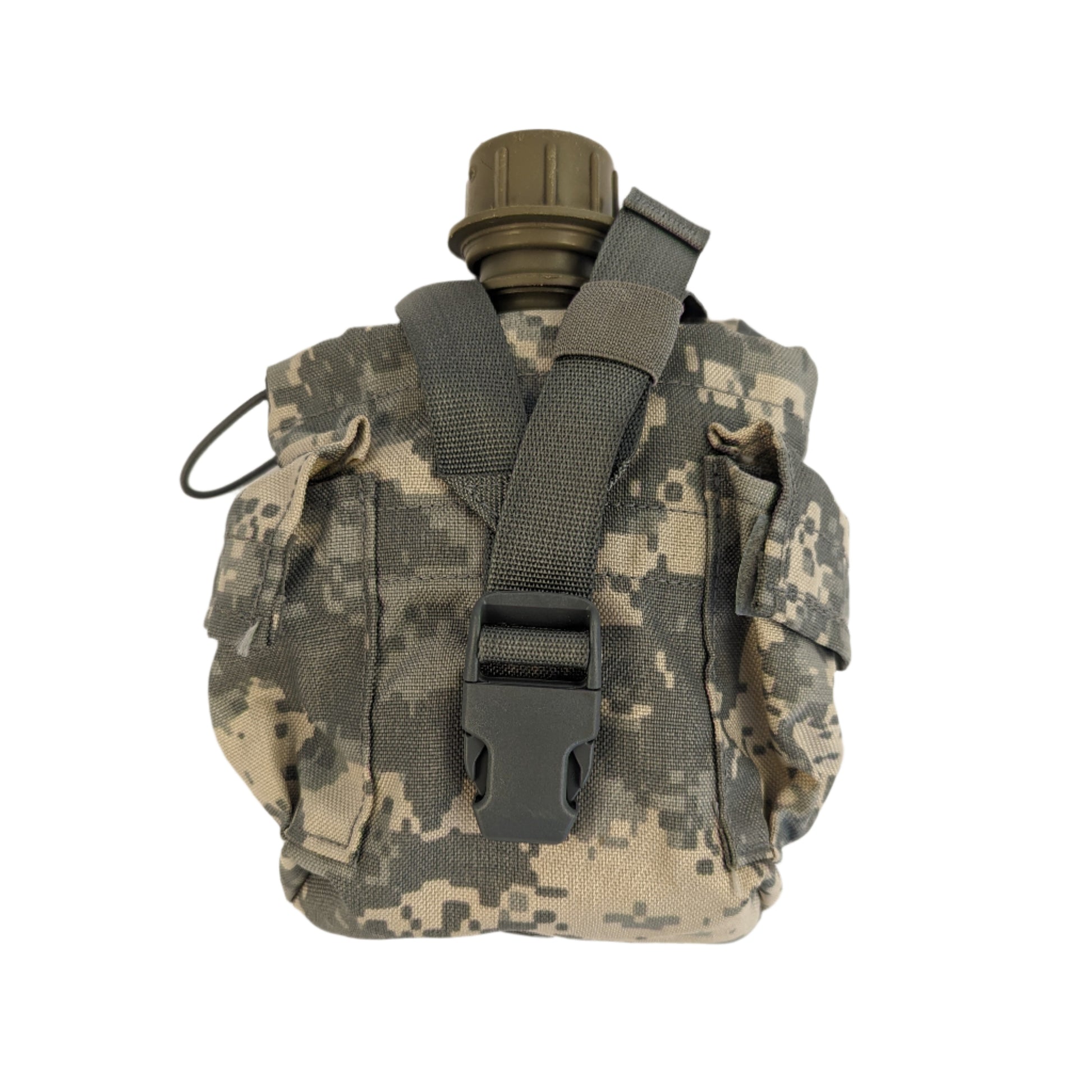 A single U.S. Military Surplus 1 Quart Water Canteen resting inside an ACU camouflage MOLLE pouch with a black buckle and webbing, photographed against a white background.