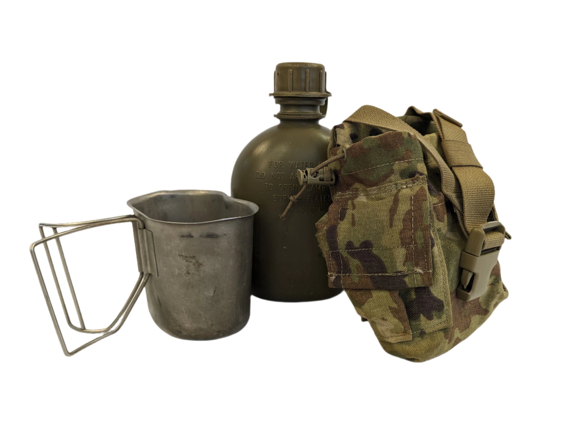 A studio shot of the three components of a U.S. Military Surplus 1-quart canteen set, featuring the metal canteen cup, olive green plastic canteen, and the OCP camouflage fabric pouch.