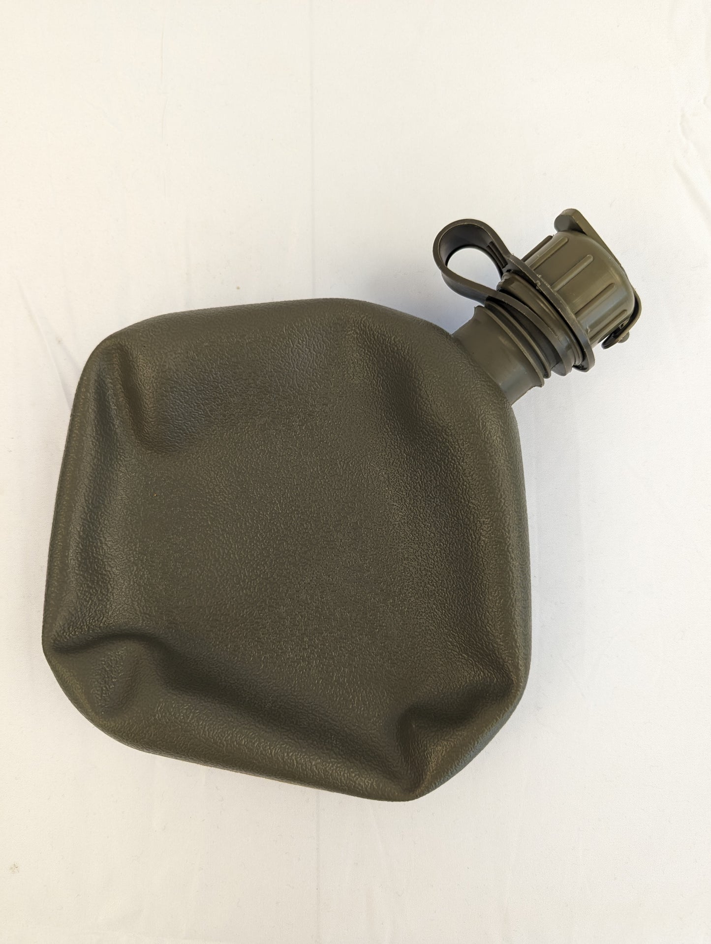 A U.S. Military Surplus 2-quart collapsible water canteen bladder in olive green, featuring a flexible, wrinkled body and a hard plastic cap with a retention strap, displayed on a white background.