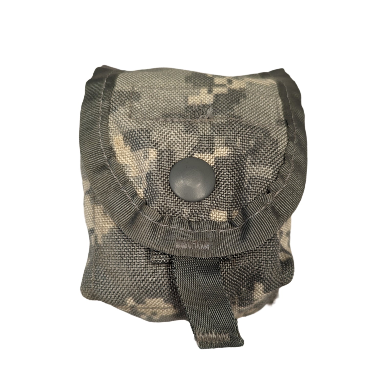 A single U.S. Military Surplus Hand Grenade Pouch in ACU digital camouflage, standing upright on a white background, featuring a snap-button flap closure and pull tab.