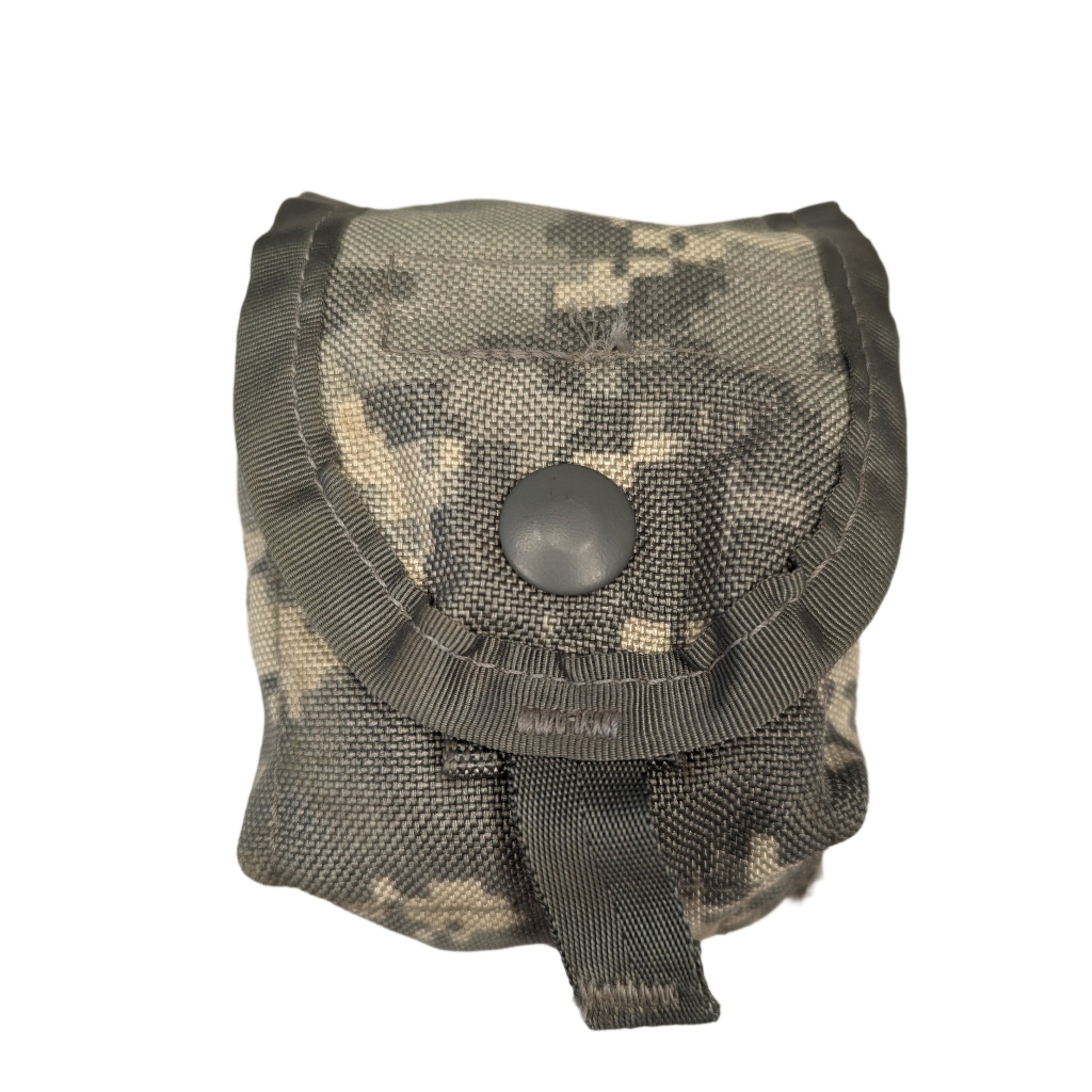 A single U.S. Military Surplus Hand Grenade Pouch in ACU digital camouflage, standing upright on a white background, featuring a snap-button flap closure and pull tab.