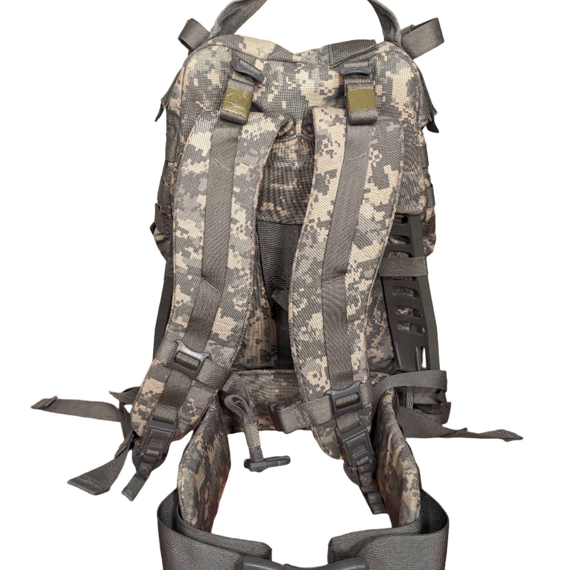 A close-up back view of the U.S. Military Surplus Medium Field Pack in ACU digital camouflage, highlighting the padded shoulder straps, sternum strap, and entire suspension system.
