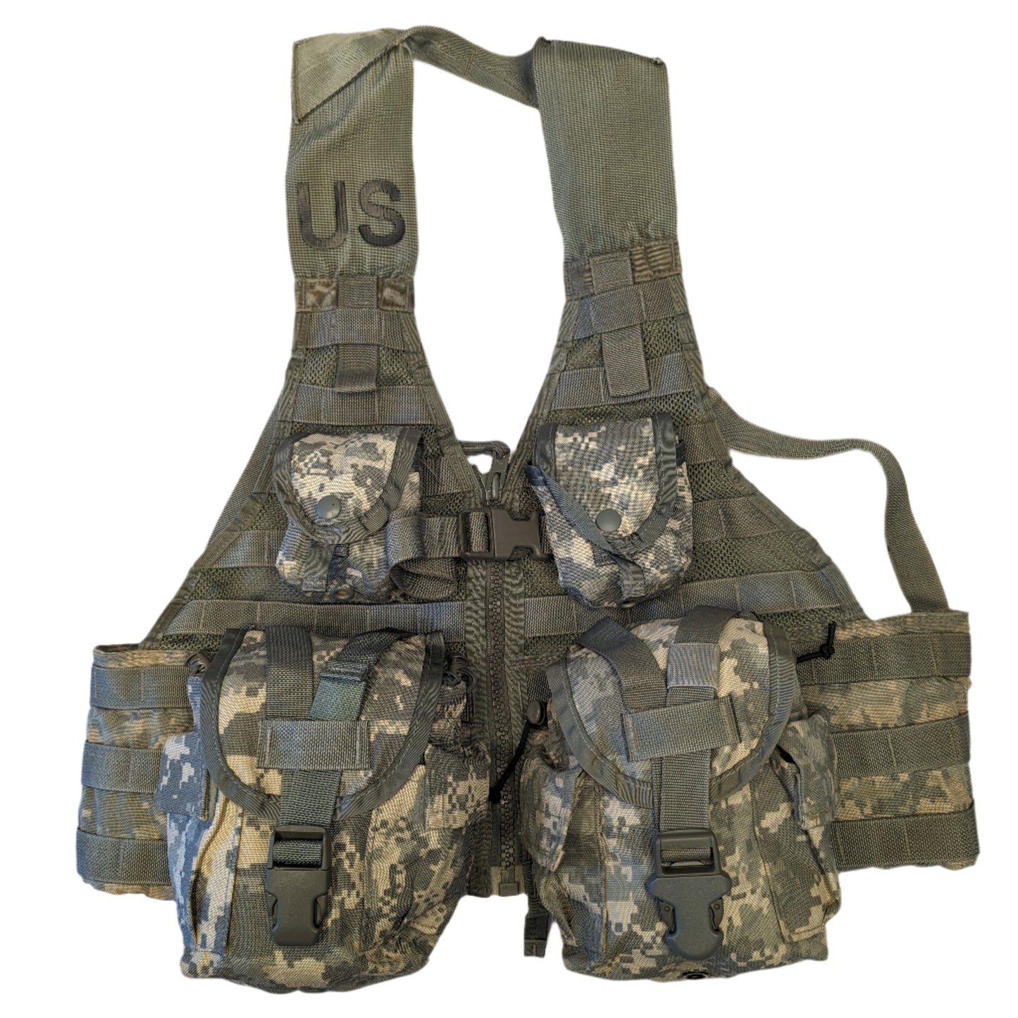 A U.S. Military Surplus Load Carrier Vest (FLC) in ACU digital camouflage, fully assembled with four attached pouches, hanging on a white background, and featuring a prominent stenciled 'US' mark on the chest.