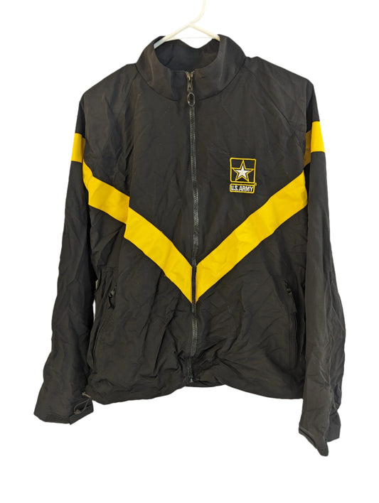 A front view of a black U.S. Army Physical Training (PT) jacket hanging on a hanger, featuring a bold yellow chevron stripe across the chest and the embroidered U.S. Army logo on the left breast.