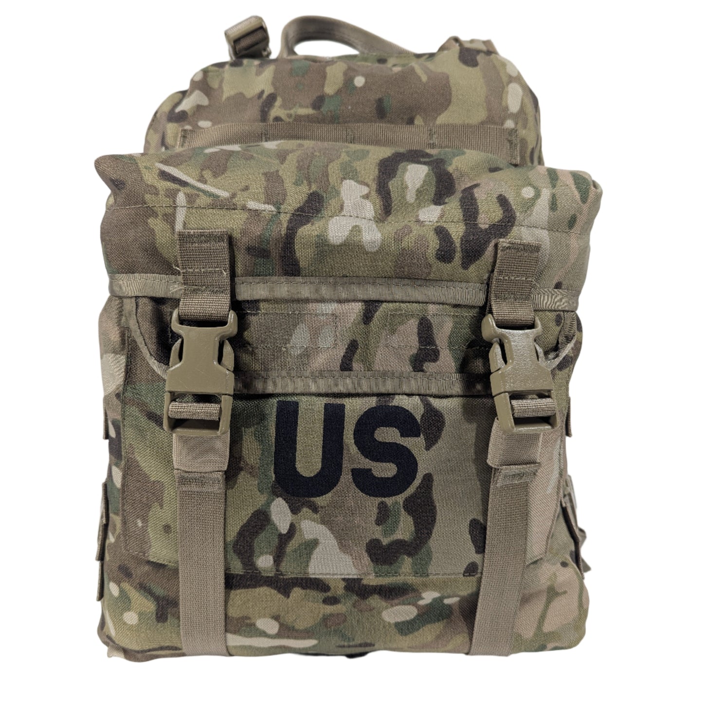 A U.S. Military Surplus 3-Day Assault Pack in OCP/Multicam camouflage, standing upright, featuring a large stenciled 'US' mark, quick-release buckle closures, and horizontal MOLLE webbing.