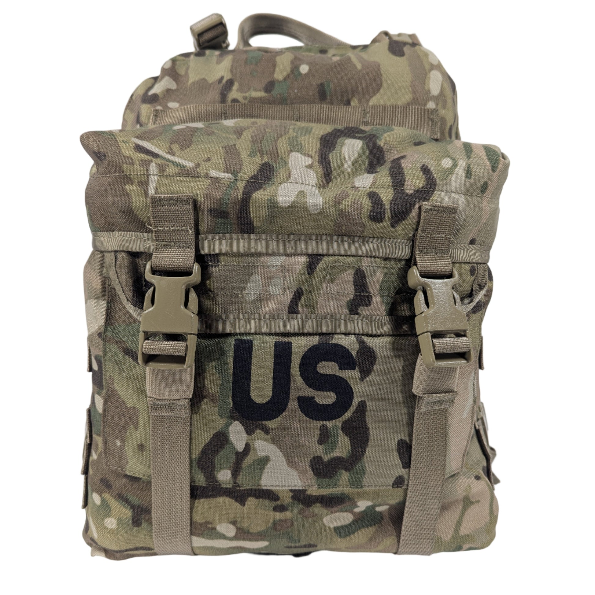 A U.S. Military Surplus 3-Day Assault Pack in OCP/Multicam camouflage, standing upright, featuring a large stenciled 'US' mark, quick-release buckle closures, and horizontal MOLLE webbing.