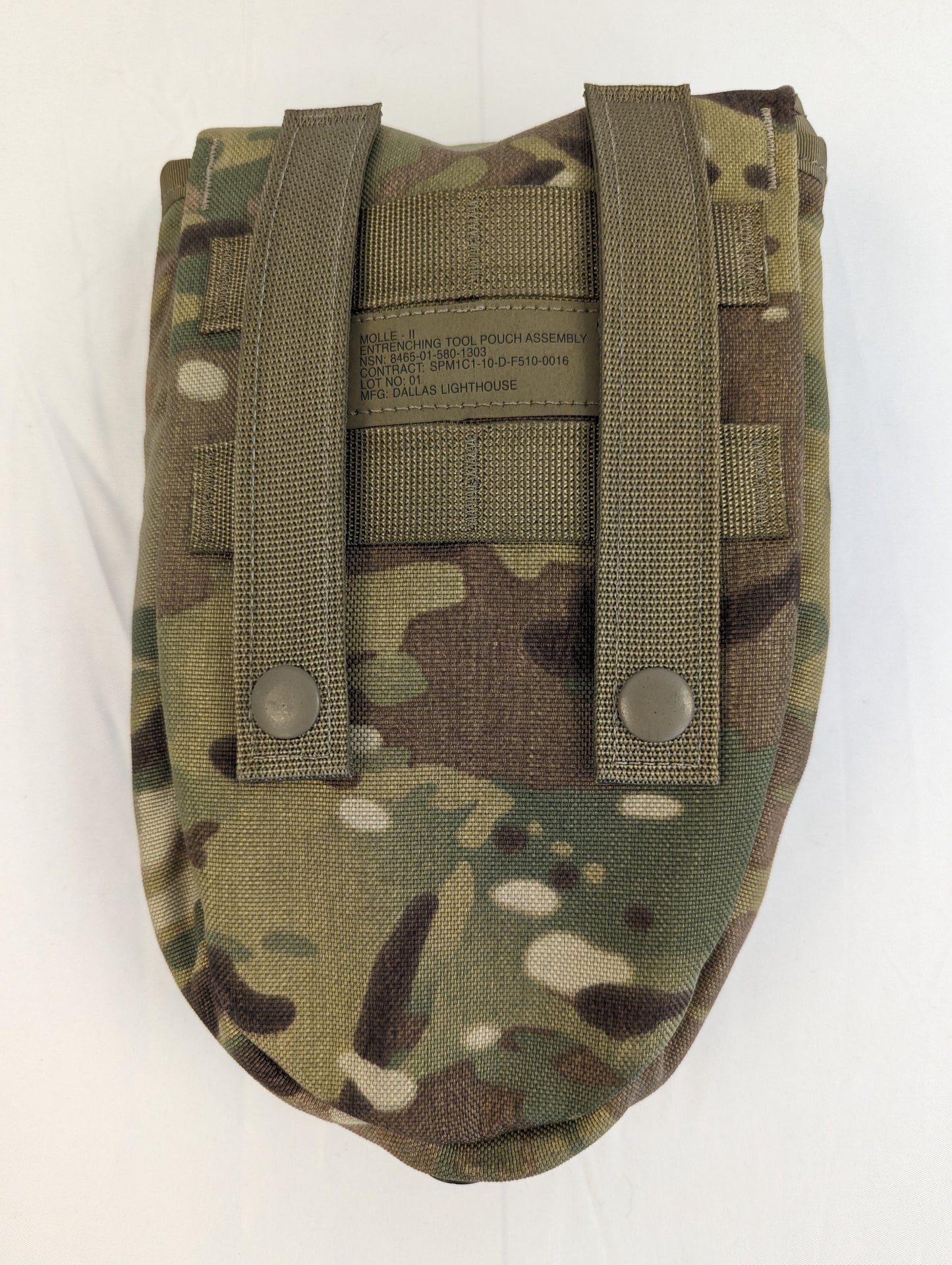 A single U.S. Military Surplus Entrenching Tool Carrier pouch in OCP/Multicam camouflage, photographed from the back, displaying the two vertical MOLLE webbing attachment straps and military issue patch.
