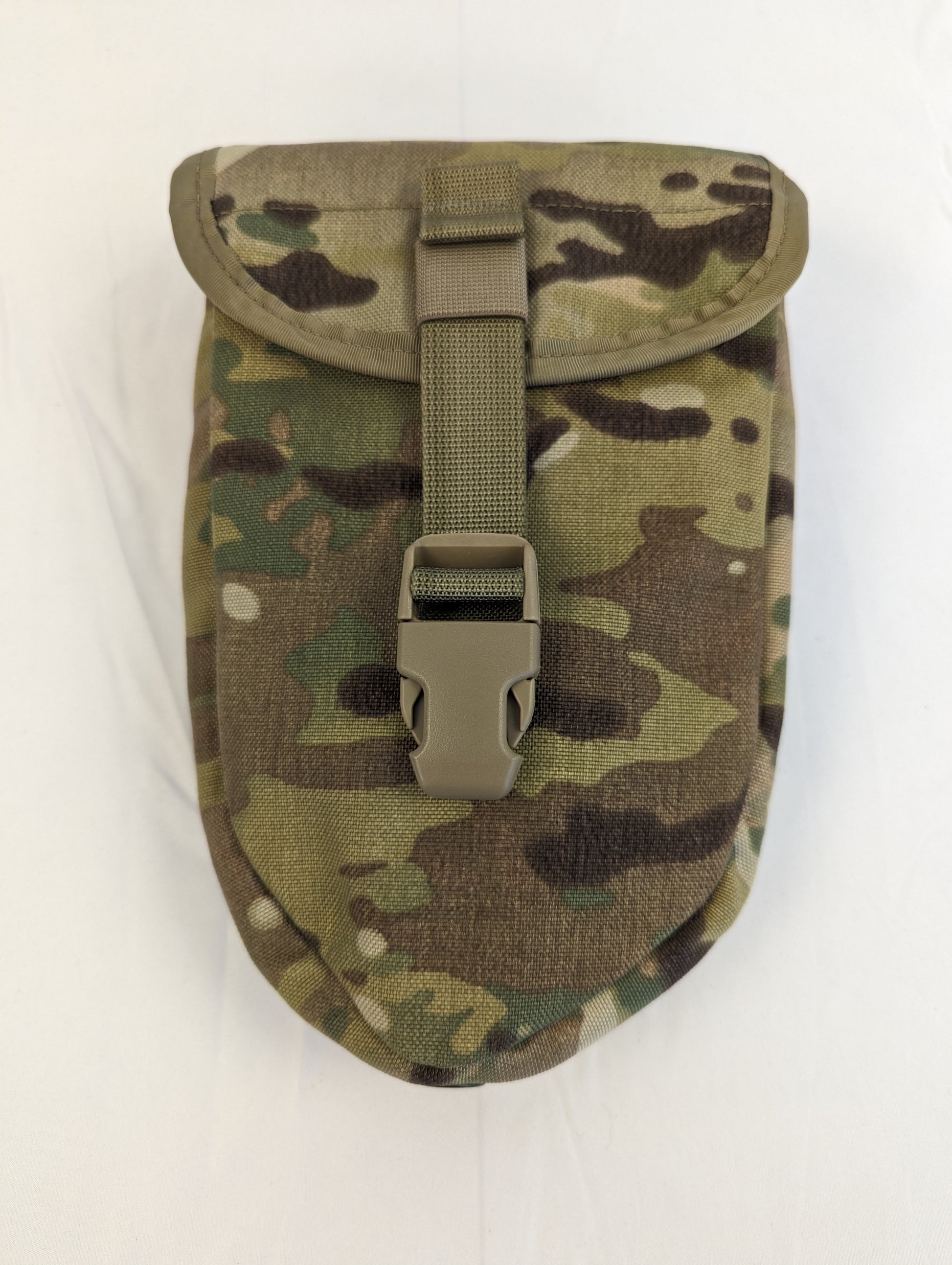 A single U.S. Military Surplus Entrenching Tool Carrier pouch in OCP/Multicam camouflage, featuring a flap secured by a single tan quick-release buckle, photographed on a white background.