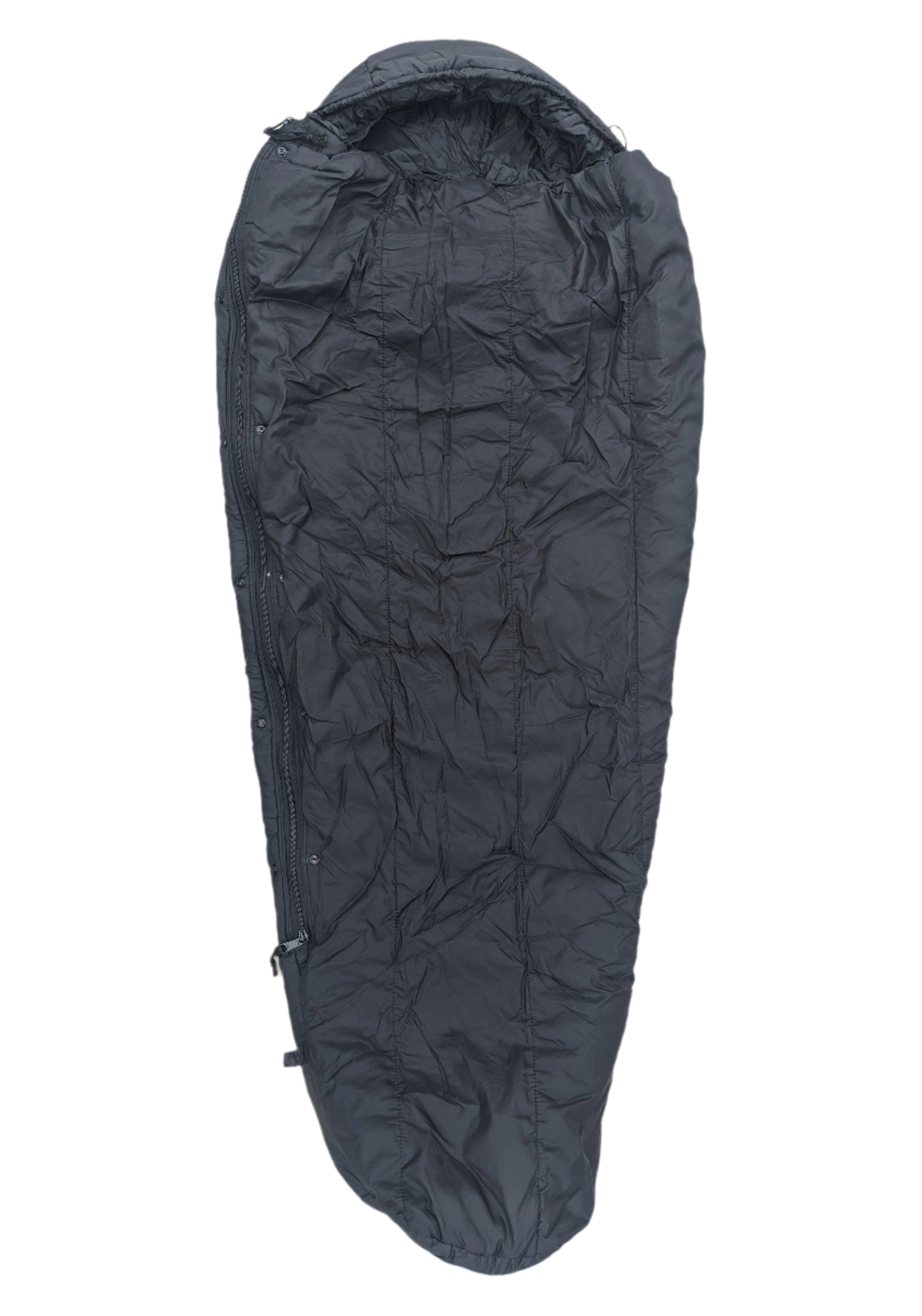 A full-length U.S. Military Surplus Intermediate Cold Weather Sleeping Bag in black, zipped up and isolated on a white background, displaying its mummy shape and quilted, crinkled fabric.