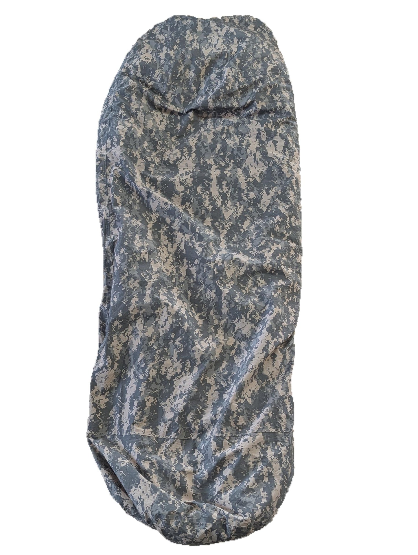 A full-length U.S. Military Surplus Modular Sleep System Bivy Cover in ACU digital camouflage, zipped closed and laid vertically on a white background.