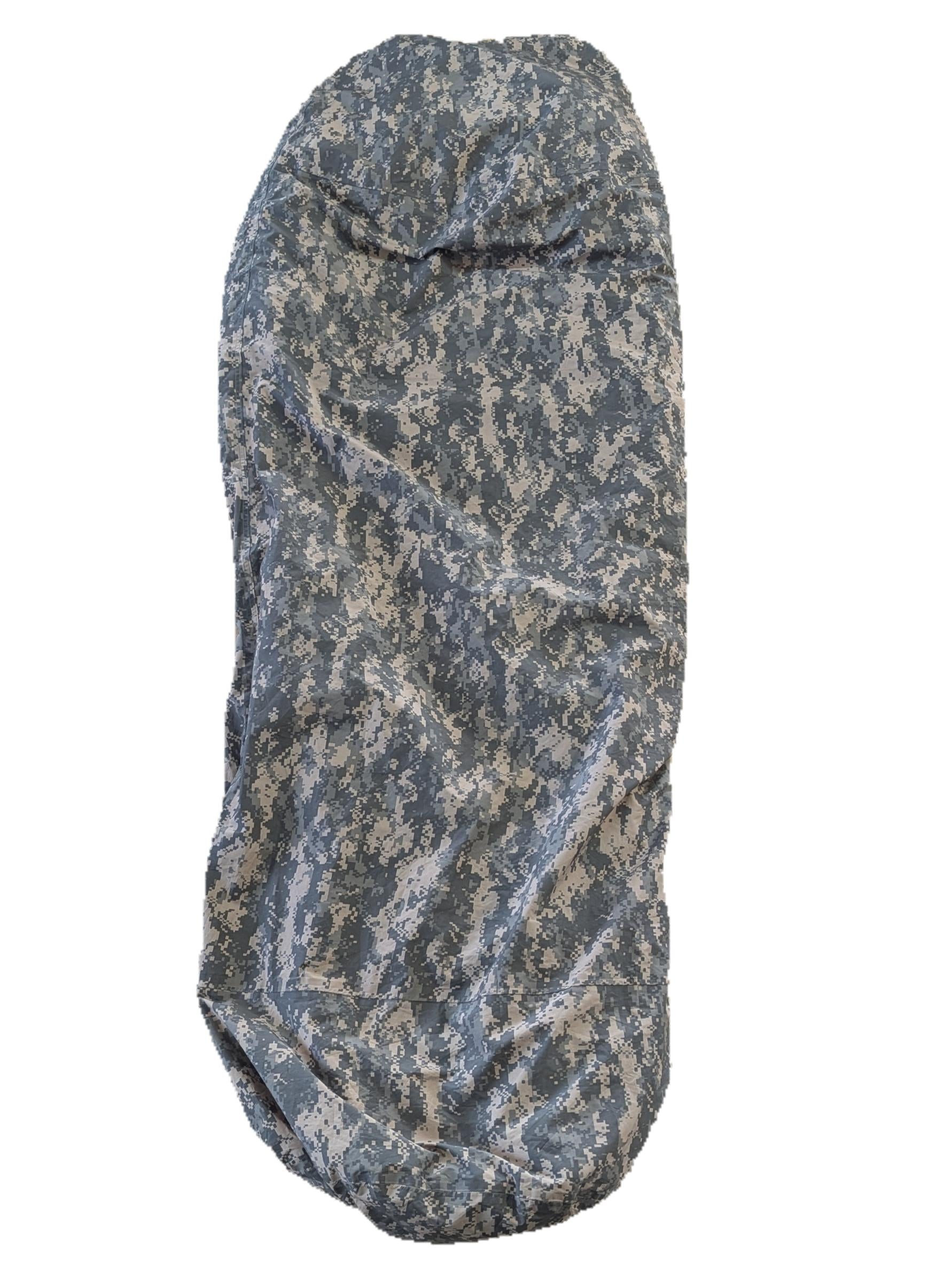 A full-length U.S. Military Surplus Modular Sleep System Bivy Cover in ACU digital camouflage, zipped closed and laid vertically on a white background.
