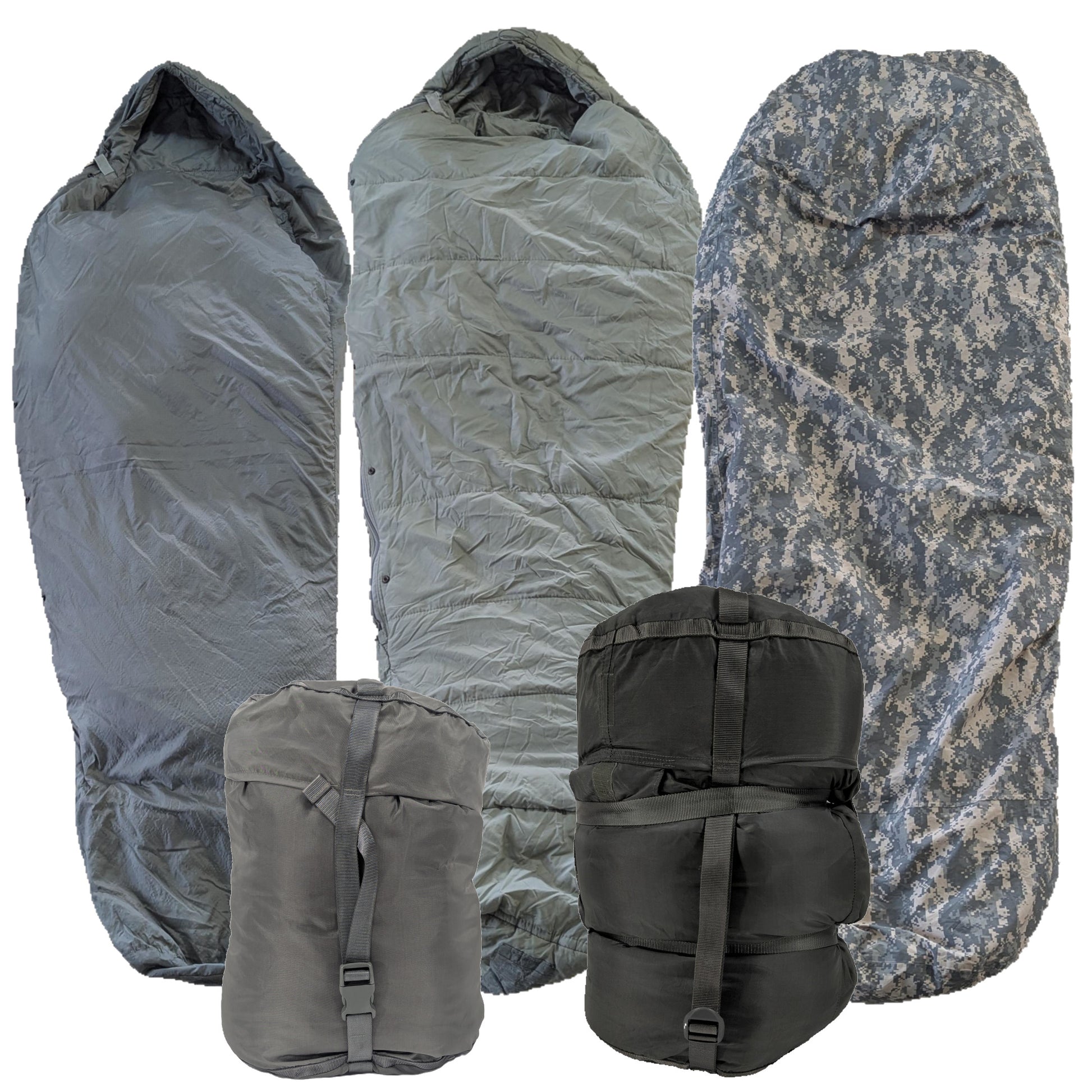A collage showing the U.S. Military Modular Sleep System (MSS) components, including the black and green sleeping bags, the ACU camouflage bivy cover, and the black compression stuff sack.