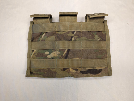 A U.S. Military Surplus MOLLE II Triple Magazine Pouch in Multicam/OCP camouflage, featuring three side-by-side cells with secured flap closures and horizontal MOLLE webbing.