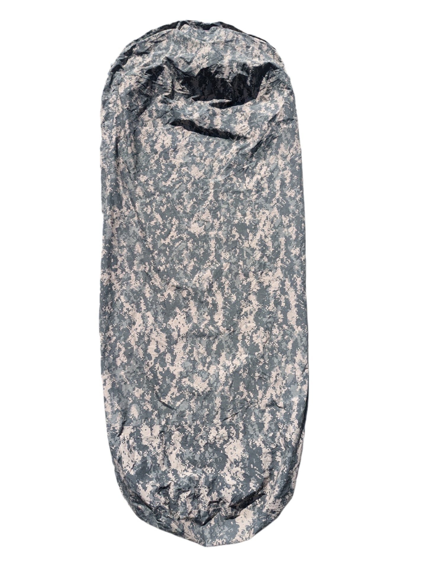 A full-length U.S. Military Surplus Modular Sleep System Bivy Cover in ACU digital camouflage, zipped closed and laid vertically on a clean white background, displaying its mummy bag shape.