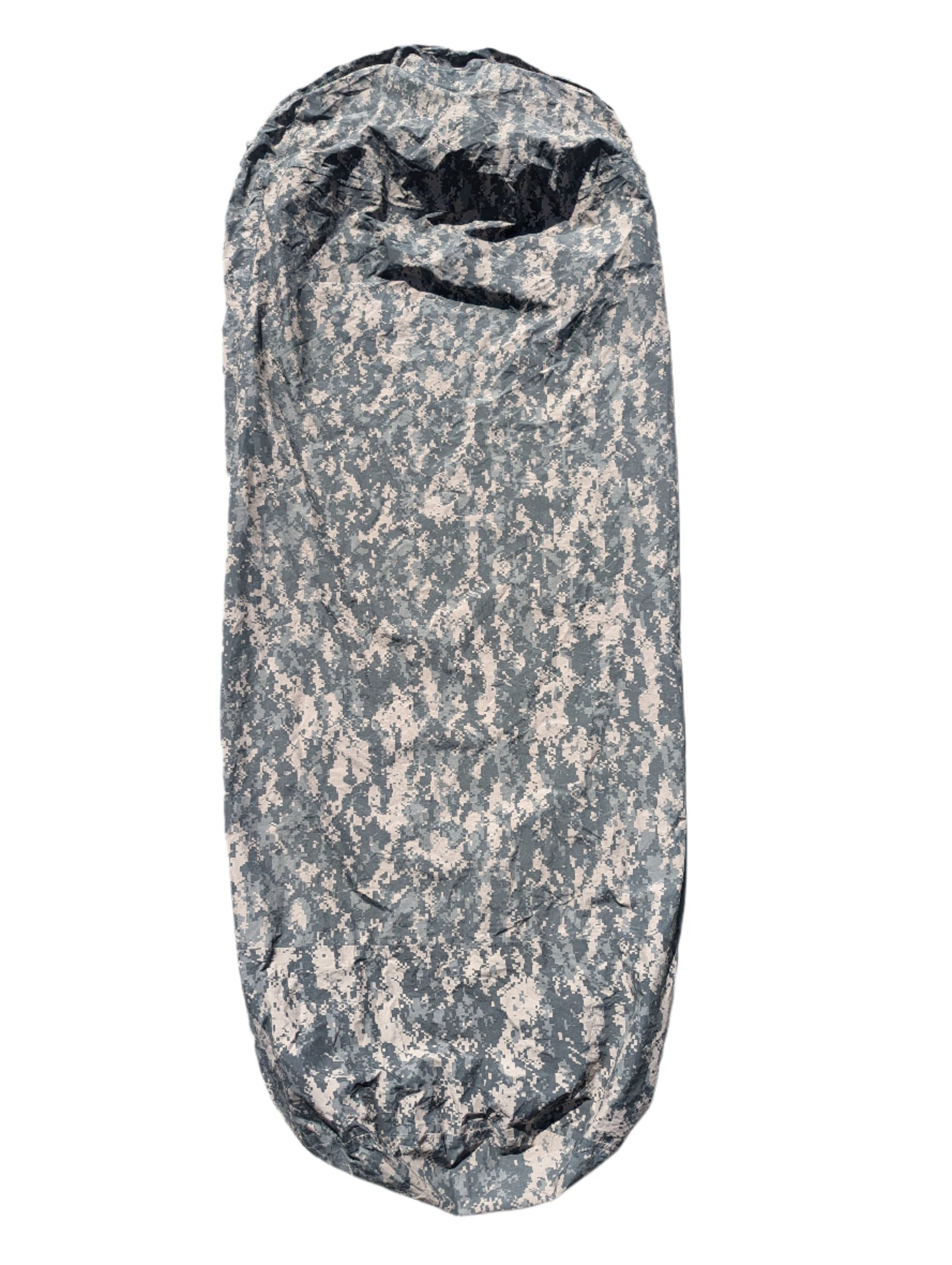 A full-length U.S. Military Surplus Modular Sleep System Bivy Cover in ACU digital camouflage, zipped closed and laid vertically on a clean white background, displaying its mummy bag shape.
