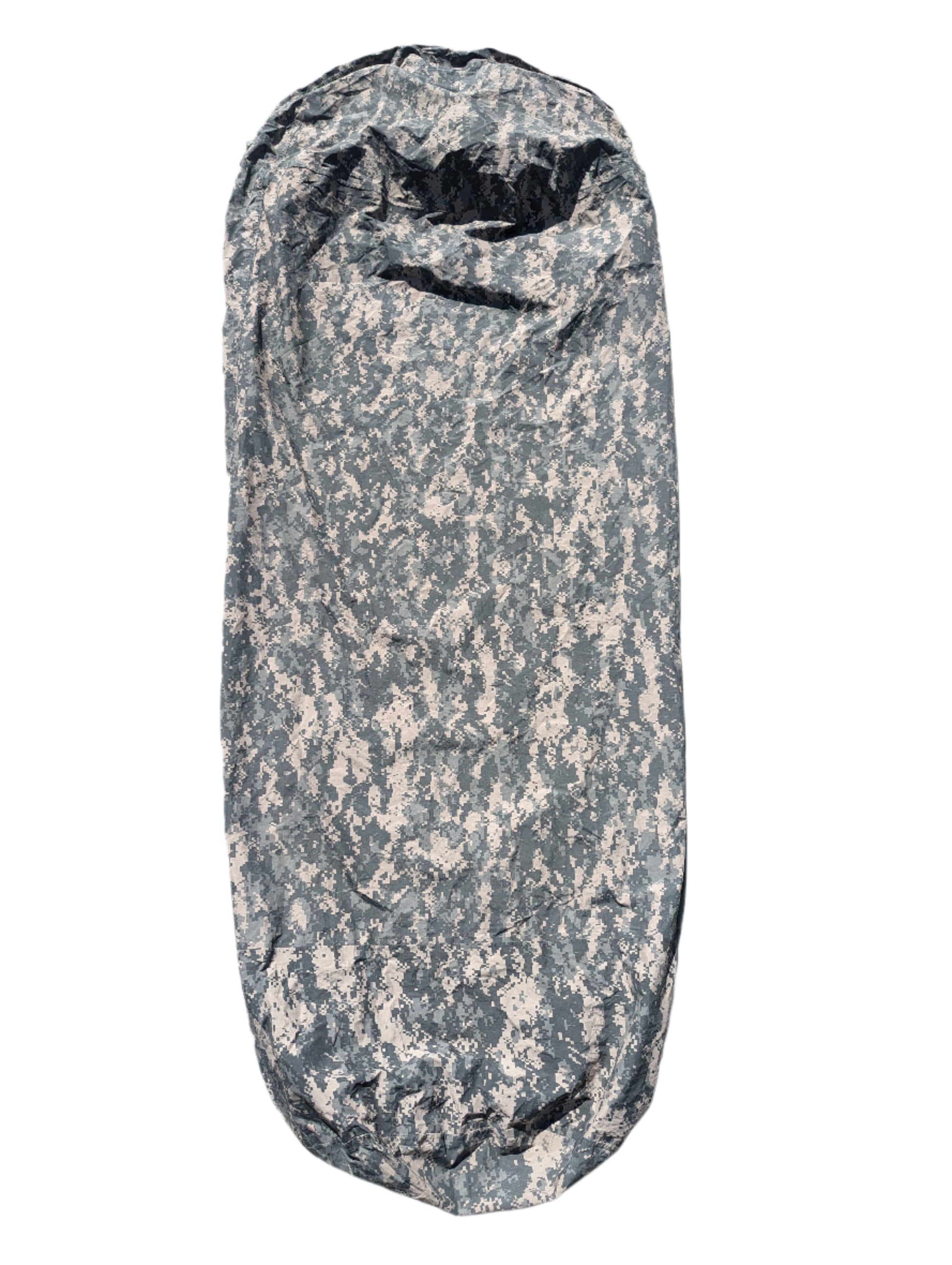 A full-length U.S. Military Surplus Modular Sleep System Bivy Cover in ACU digital camouflage, zipped closed and laid vertically on a clean white background, displaying its mummy bag shape.