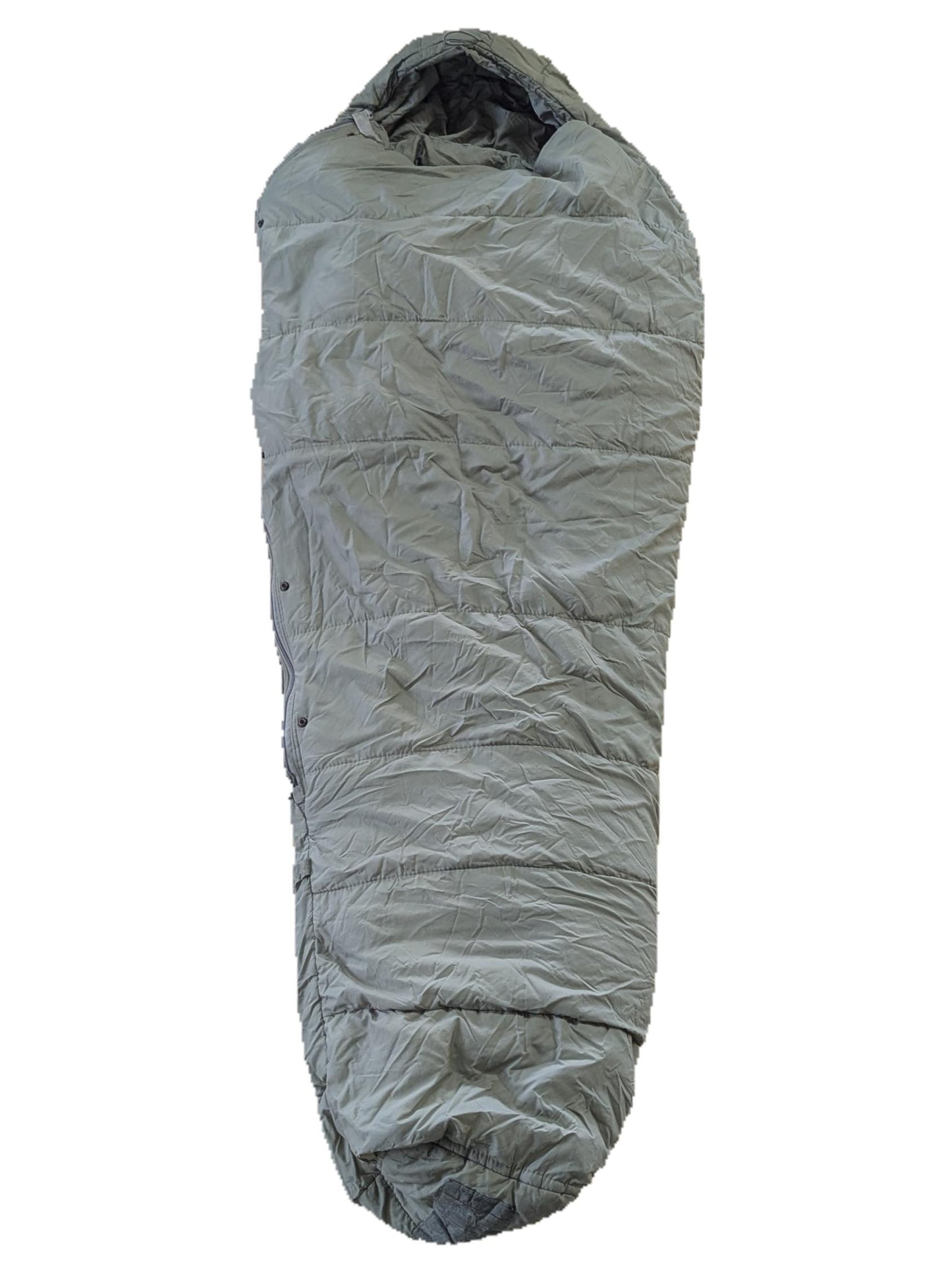 A full-length U.S. Military Surplus Modular Sleep System Intermediate Cold Weather Sleeping Bag in light olive green, zipped up and laid vertically on a white background.