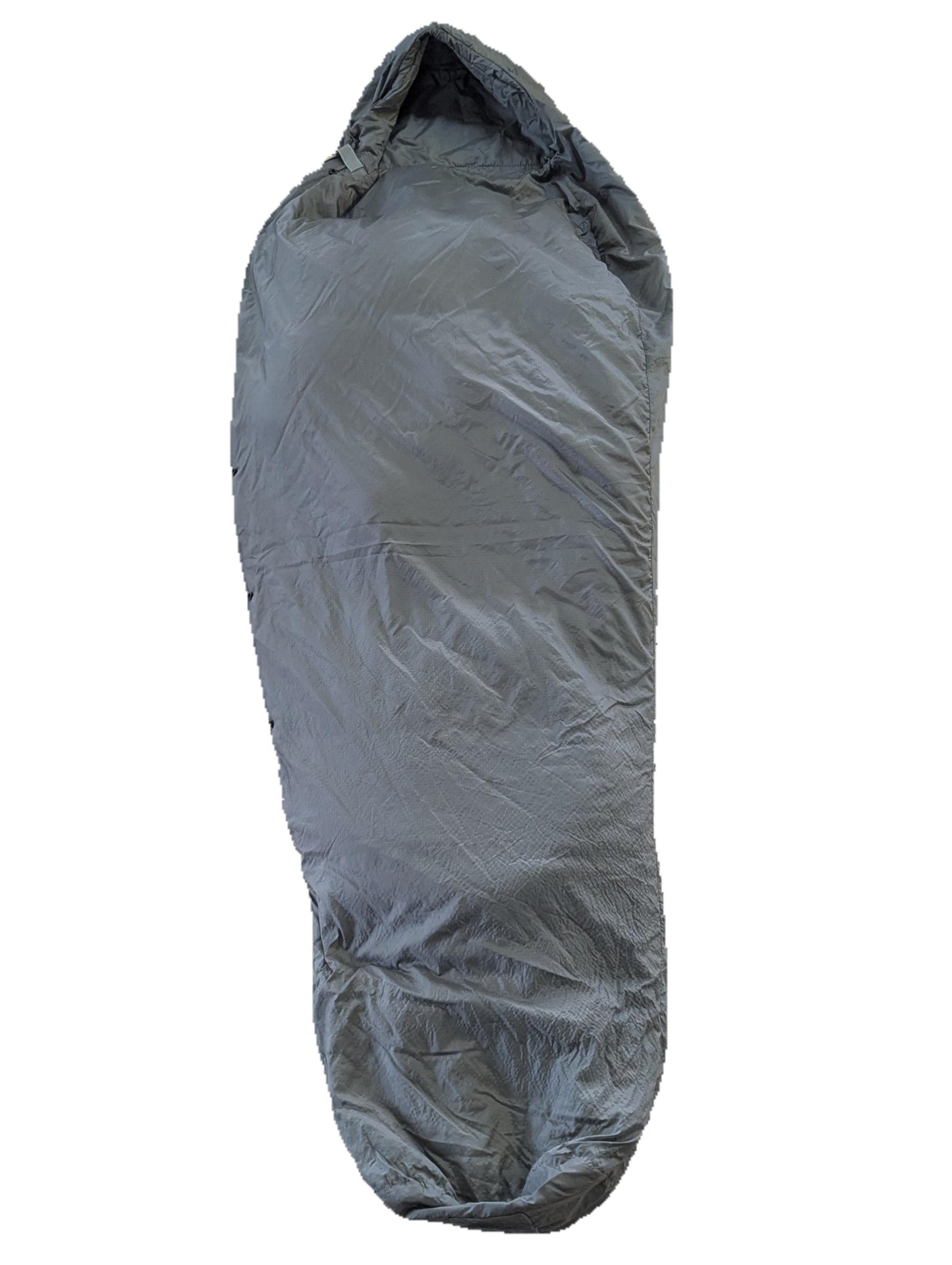 A full-length U.S. Military Surplus Patrol Sleeping Bag in light olive green, zipped closed and laid vertically on a clean white background.