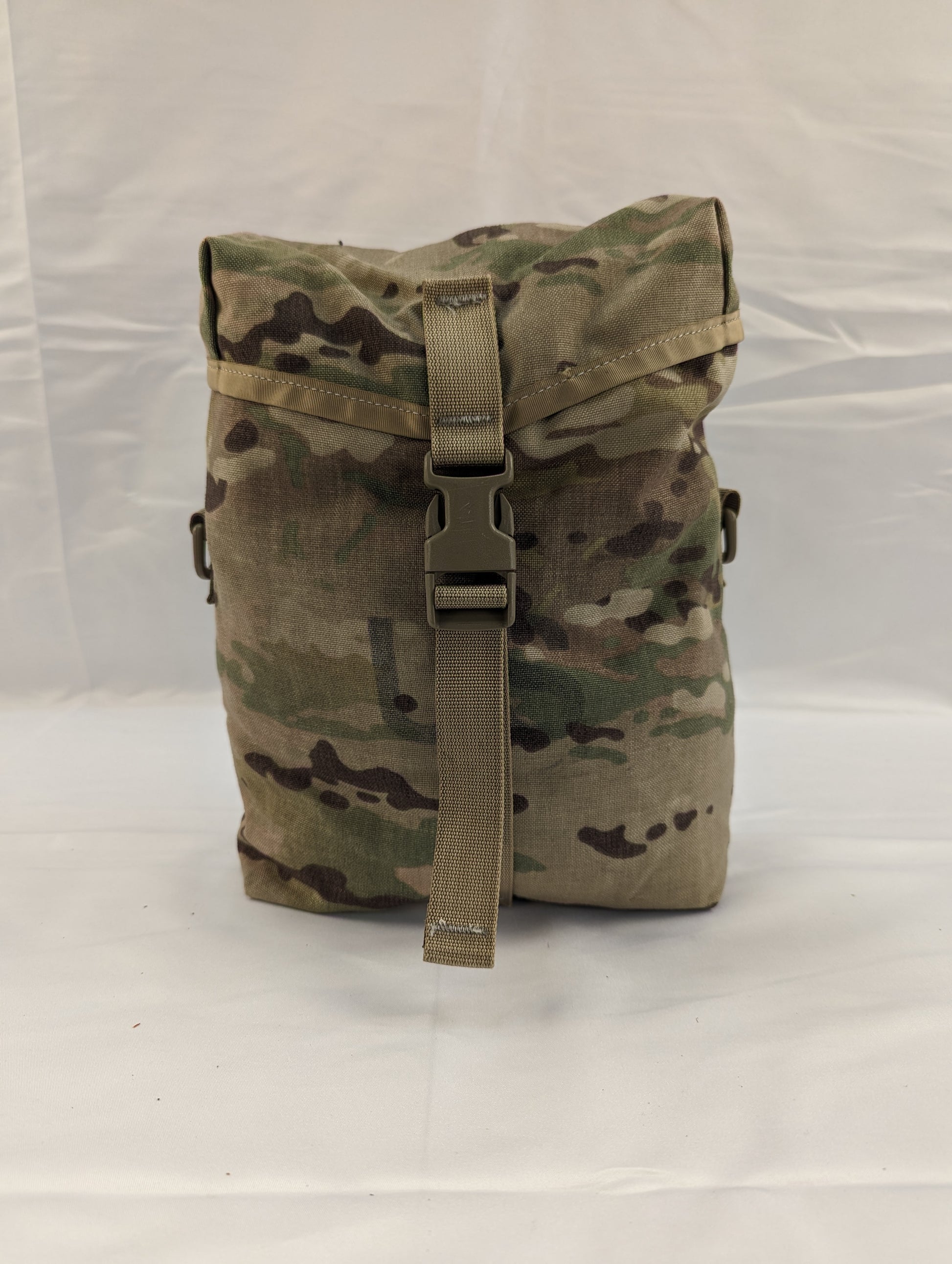 A front view of a U.S. Military Surplus Sustainment Pouch in OCP/Multicam camouflage, standing upright, featuring a buckle-secured top flap and horizontal MOLLE webbing.